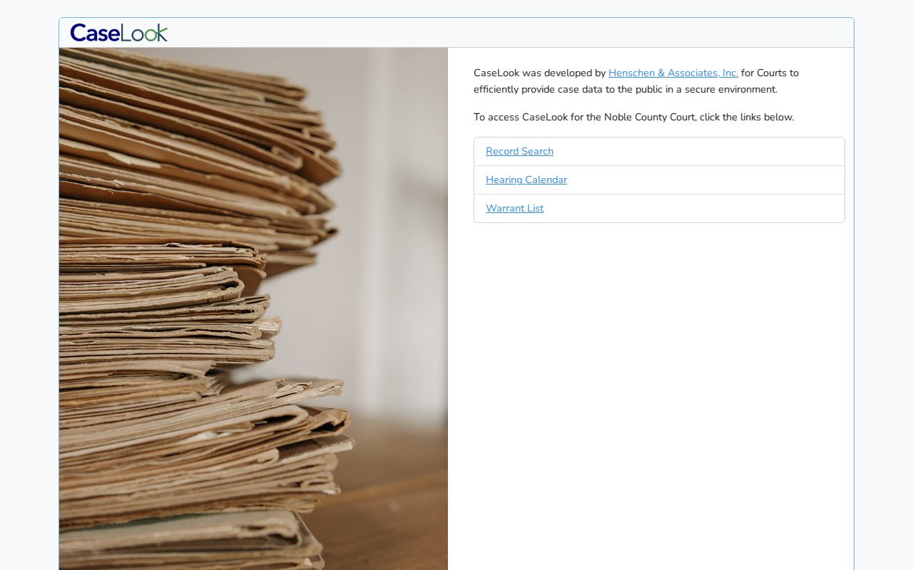 Noble County Court CaseLook warrant and court record interface