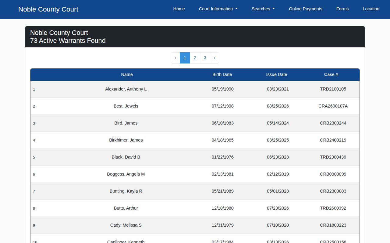 Noble County Court active warrant record interface