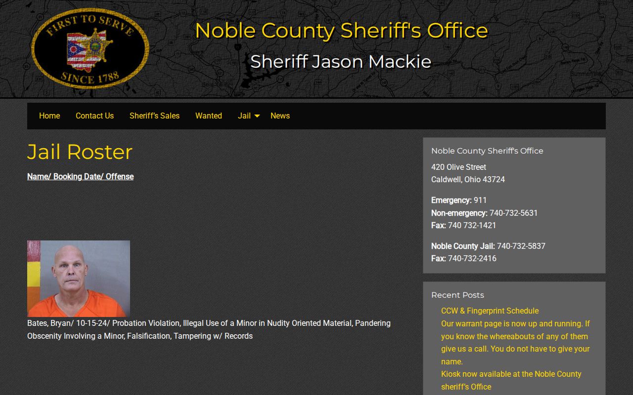 Noble County Jail roster interface with name booking date offense and image fields