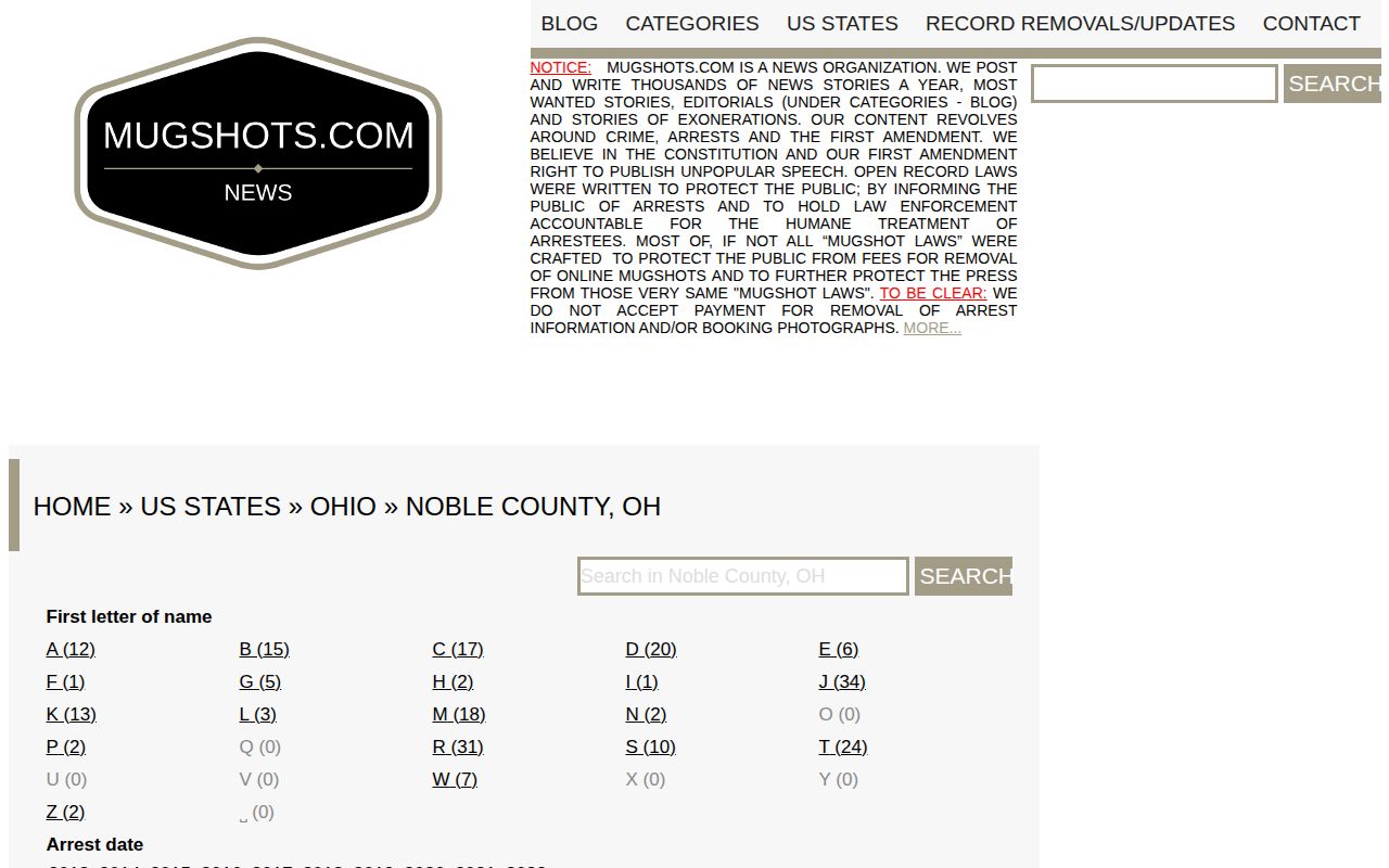 Noble County historical mugshot archive record interface