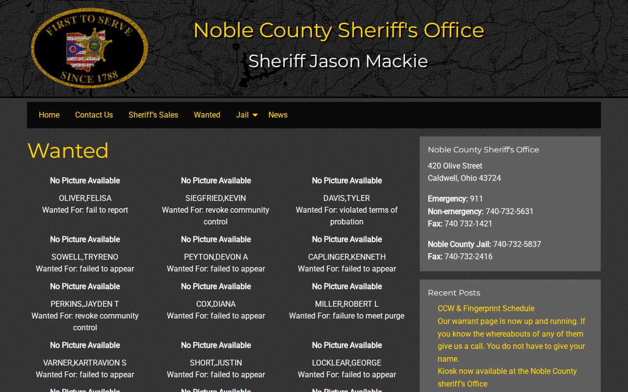 Noble County Sheriff wanted-list record interface