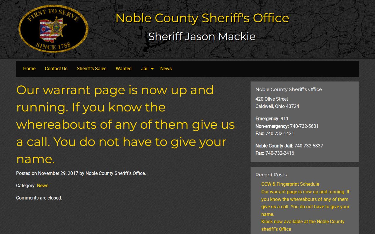 Noble County Sheriff warrant notice and safety record information
