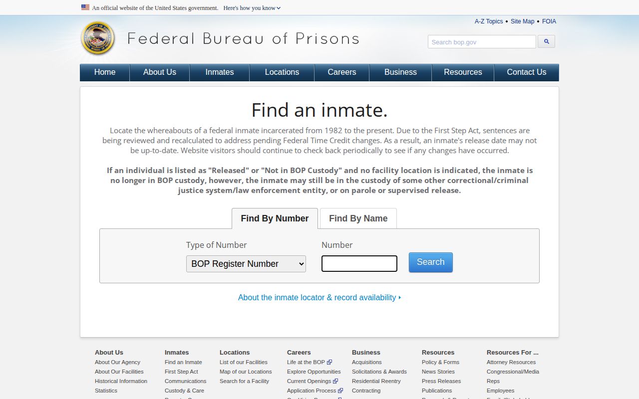 Federal BOP inmate locator for custody records separate from Noble County bookings