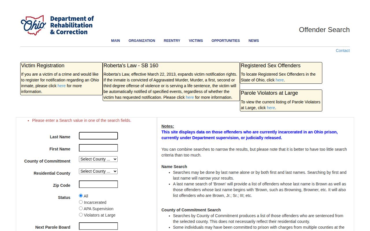 Ohio ODRC Offender Search for Noble County state-corrections custody records