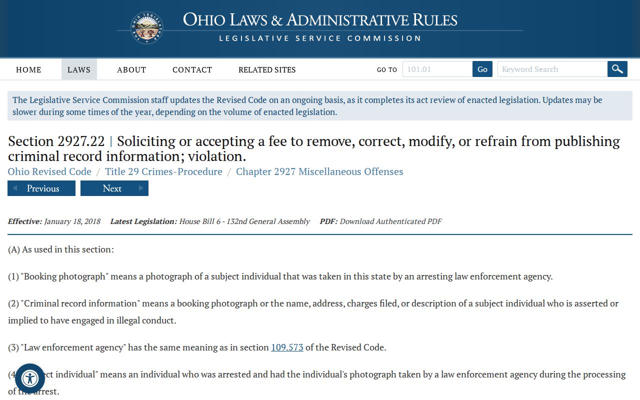 Ohio R.C. 2927.22 page covering Noble County booking-photo fee-ban law